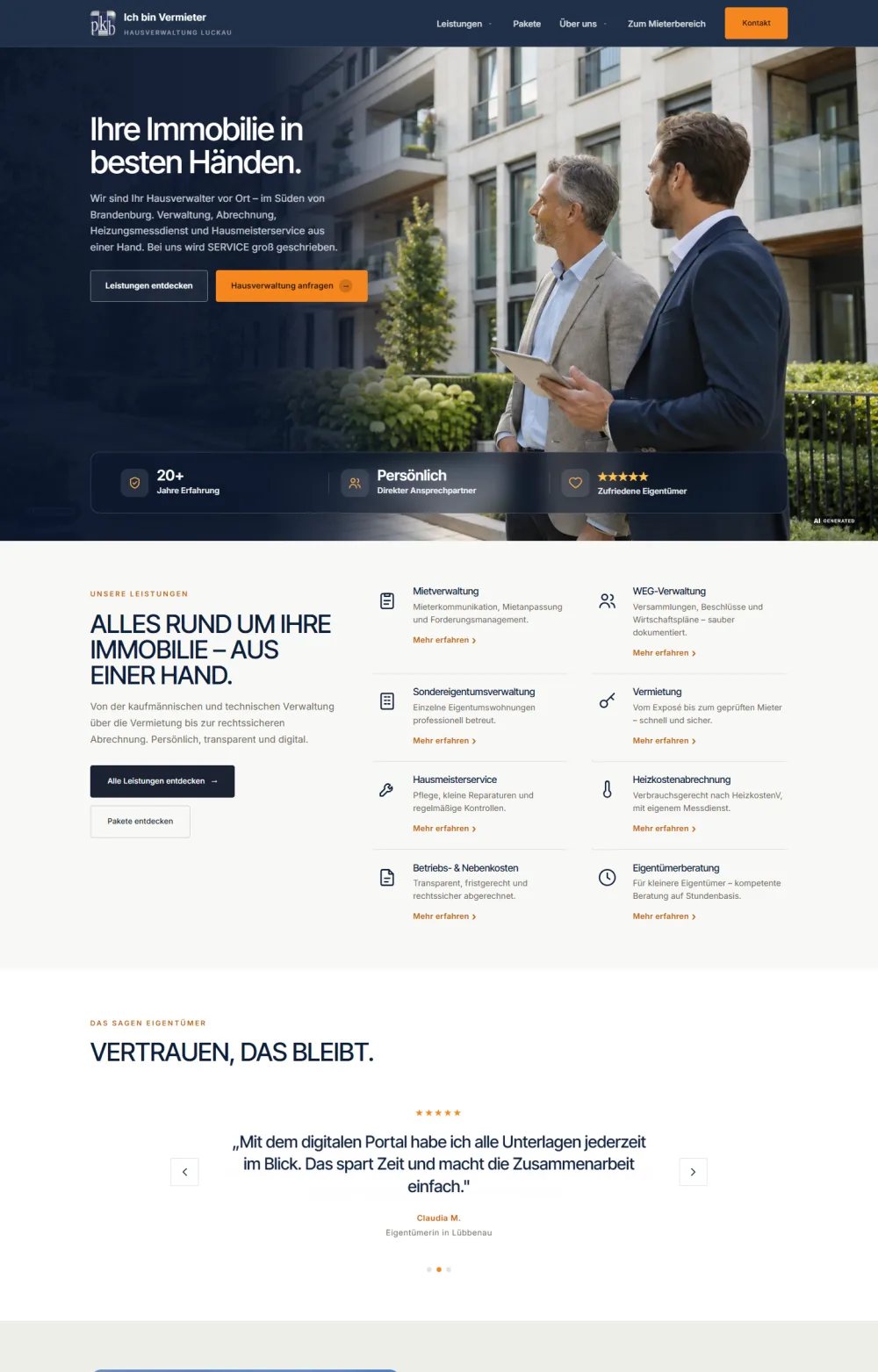 Startseite von ich-bin-vermieter.de mit Hausverwaltungs-Hero und Leistungsraster