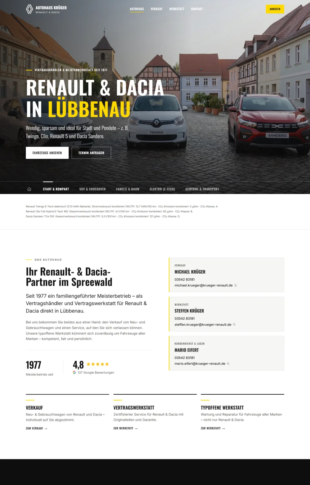 Startseite von krueger-renault.de mit Autohaus-Foto und Fahrzeugkategorien
