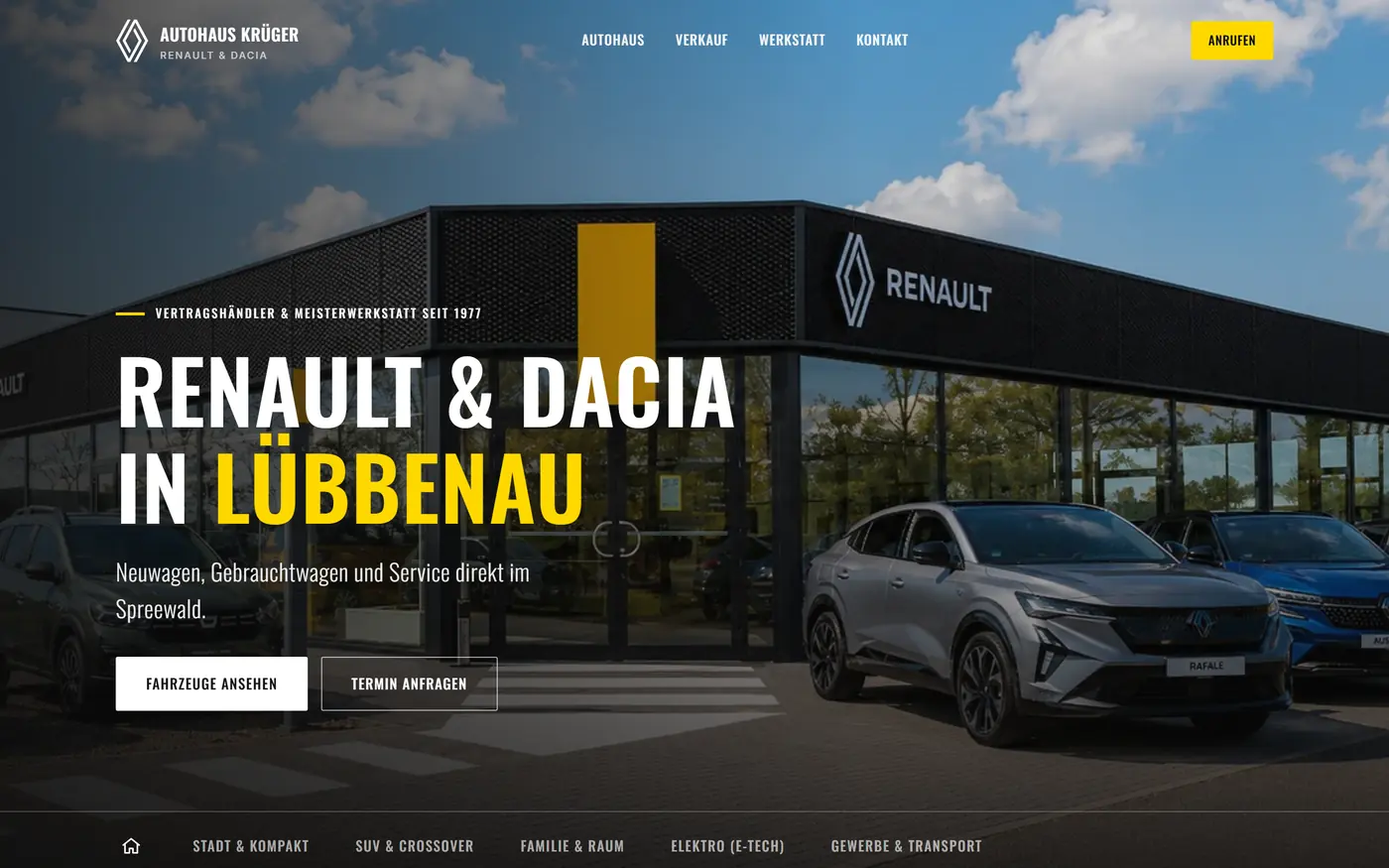 Startseite von krueger-renault.de mit Autohaus-Foto und Fahrzeugkategorien