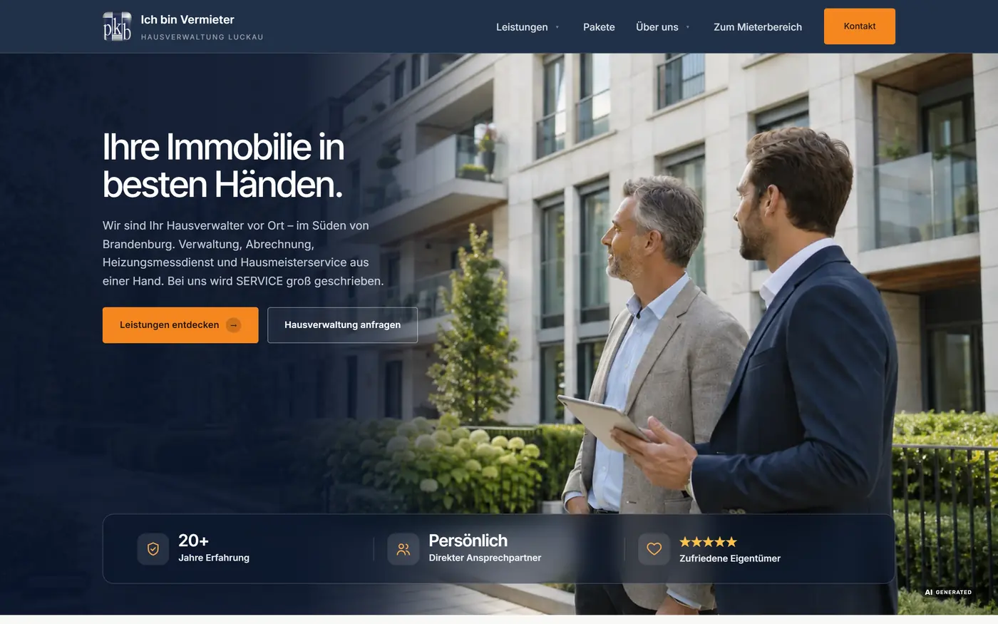 Startseite von pkb ImmobilienSERVICE mit Hausverwaltern vor einem Wohnhaus