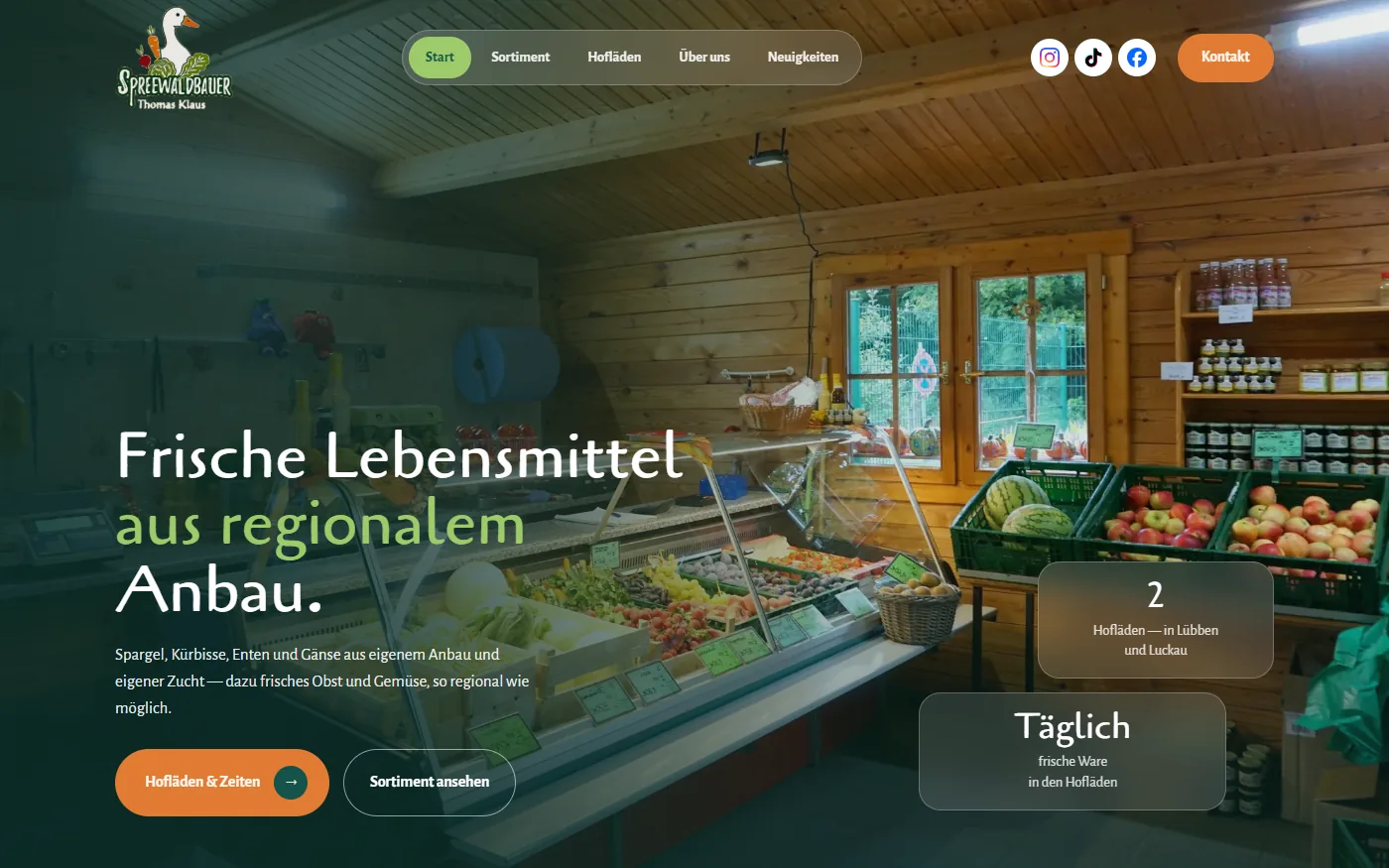 Startseite von zum-spreewaldbauer.de mit dem Hofladen in Lübben im Hero